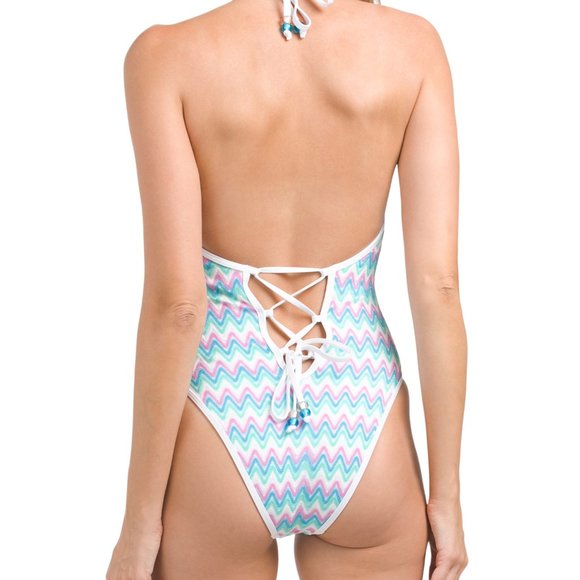 l*space Mirabella Chevron Classic One Piece Beaded Tie Halter Swimsuit Small - Picture 4 of 8